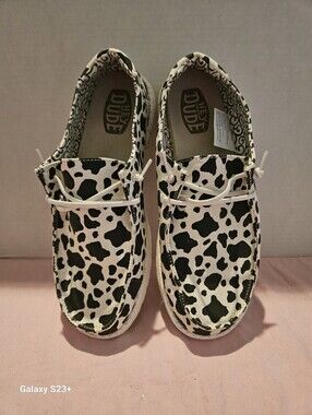 Hey Dude Womens Cow-Print Slip-On Sneakers - Black & White Size 8